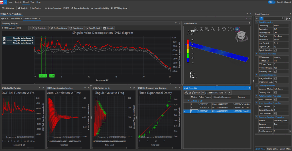 Image from the Observer screen when the software does EFDD Operational Modal Analysis calculation and 3D animation.