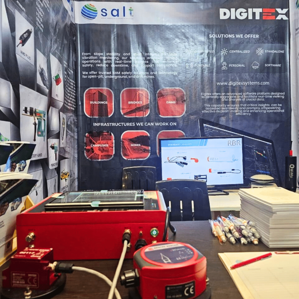 Booth with demonstrational Digitex System xWave digital MEMS accelerometer, D-Series analog accelerometer, xRover central SHM acquisition unit and Voyager software.