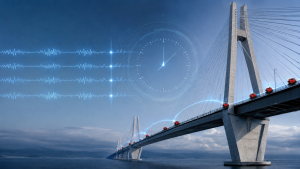 xWave digital accelerometer sensors along a bridge deck, connected through synchronized monitoring signals with vibration waveforms and a timing clock.